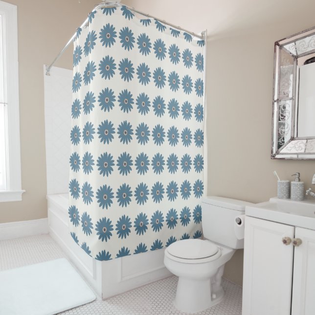 Rideaux De Douche Daisy Bleue Et Crème (En situation)