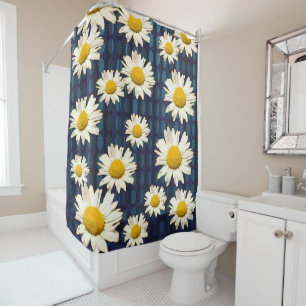Rideaux De Douche Daisy Flowers and Oval Geometric Blue Yellow