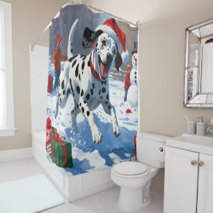 Rideaux De Douche Dalmatien courant dans la neige avec un chapeau de