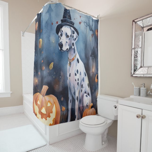 Rideaux De Douche Dalmatien d'Halloween avec citrouilles effrayant (En situation)