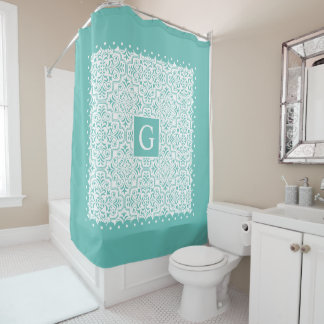 Rideaux De Douche damas bleu turquoise, bordures de pétoncles avec m