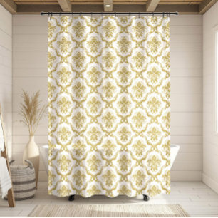 Rideaux De Douche Damas géométriques florales blanches et dorées