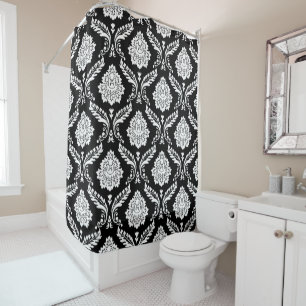 Rideaux De Douche Damas Rococo Grand Motif Blanc sur Noir