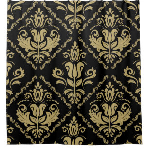 Rideaux De Douche Damask Black Gold : Classic Ornament.