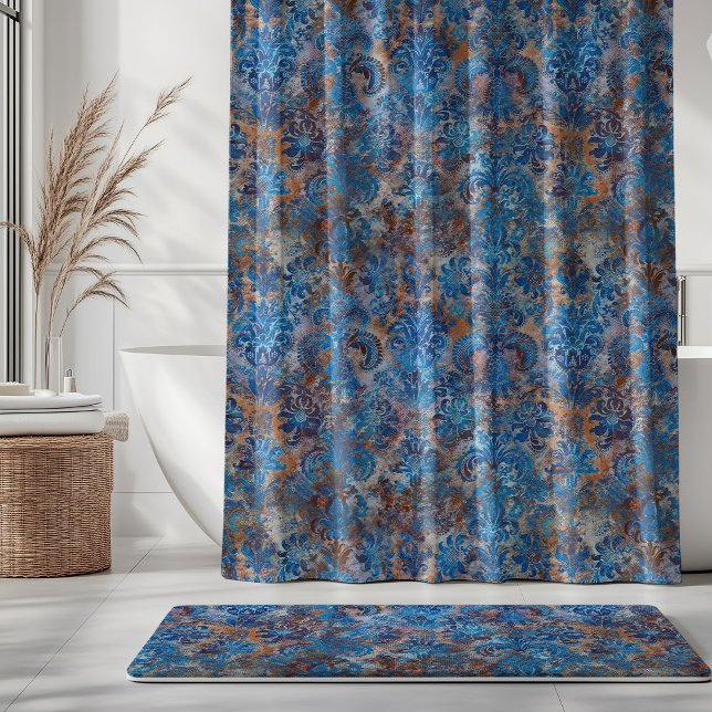 Rideaux De Douche Damask Grunge Bleu Cobalt Rouille Orange (Créateur téléchargé)