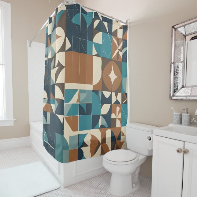 Rideaux De Douche Dark Blue, Teal, Brown, and Tan Geometric Pattern (En situation)