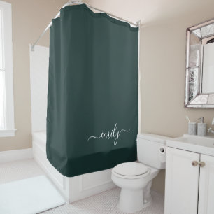 Rideaux De Douche Dark Green Modern Script Nom du monogramme