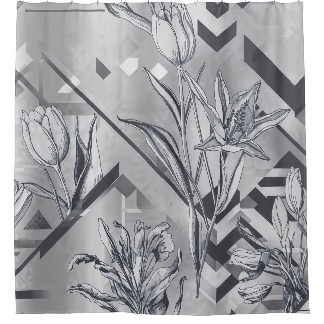 Rideaux De Douche Dark Modern Geometric Tulip Line Art Pattern (2) (Devant)