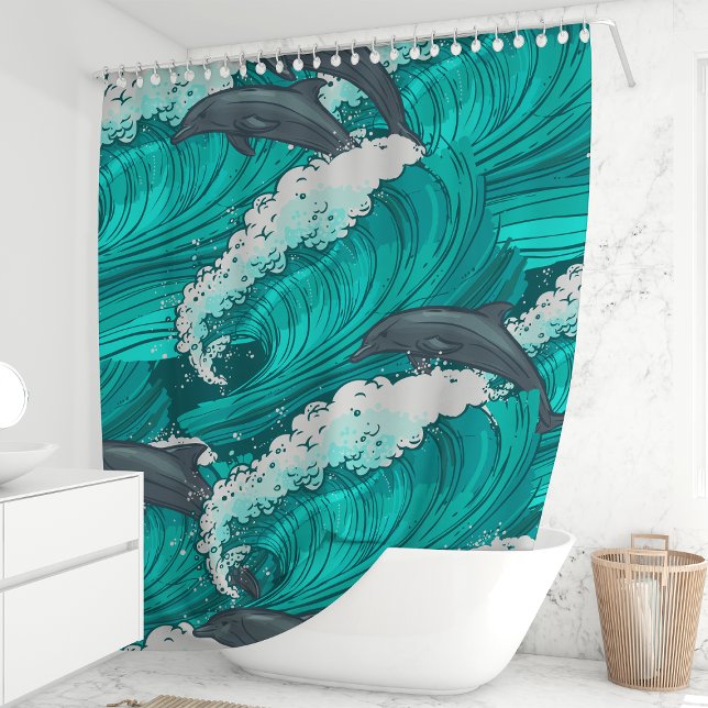 Rideaux De Douche Dauphins joueurs et vagues océaniques (Créateur téléchargé)