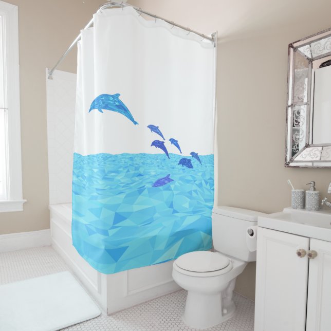 Rideaux De Douche Dauphins Lowpoly sautant hors de l'océan (En situation)