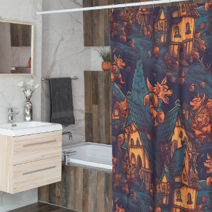 Rideaux De Douche De mignons loups-garous courent autour d'un villag