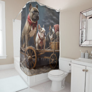 Rideaux De Douche Décor de Noël Chien Bouledogue Français sur Traîne