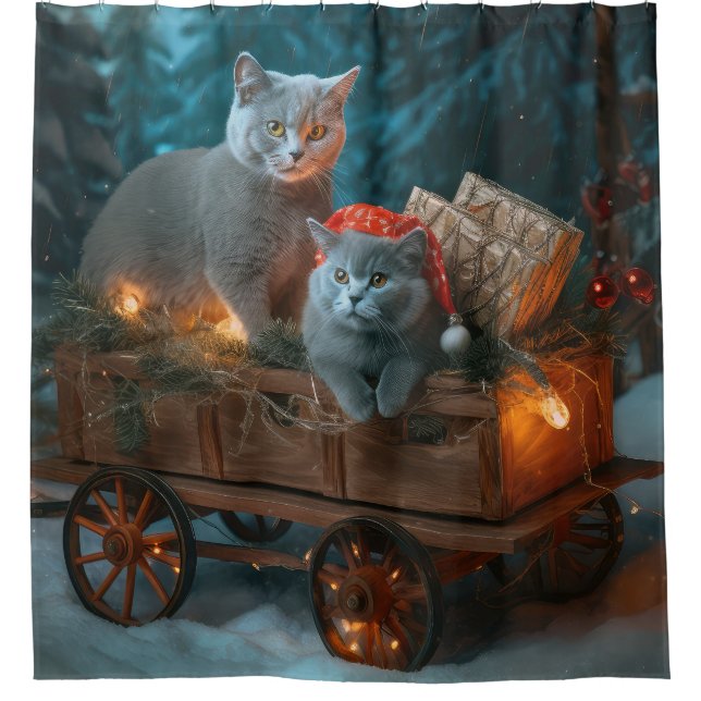 Rideaux De Douche Décor de Noël russe Blue Cat Snowy Sleigh (Devant)