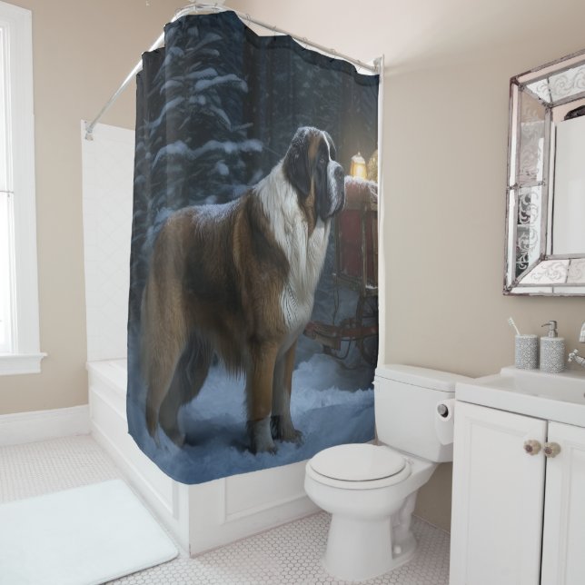 Rideaux De Douche Décor de Noël Saint Bernard Snowy Sleigh (En situation)