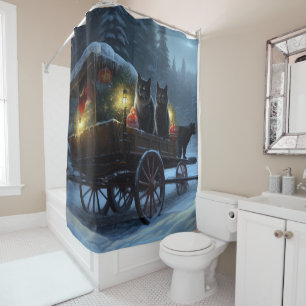 Rideaux De Douche Décor de Noël Traîneau enneigé de chat noir