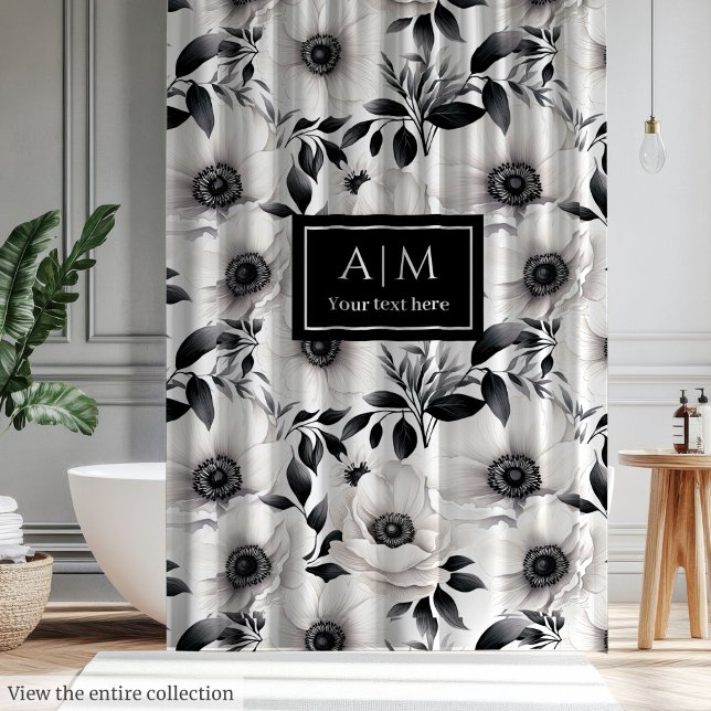 Rideaux De Douche Décor floral noir et blanc de charme (Charming black and white floral bathroom decor)