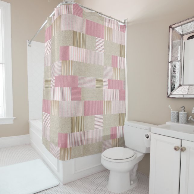 Rideaux De Douche Décor moderne tendance Patchwork Quilt rose Beige  (En situation)