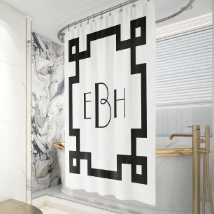 Rideaux De Douche Décor Monogramme Blanc Noir Clé grecque Bordure