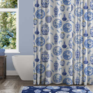 Rideaux De Douche Décor Vintage asiatique au Ginger Jar floral bleu