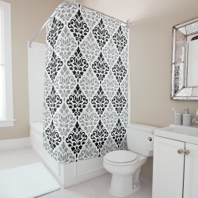 Rideaux De Douche Défiler Damask Grand Motif noir gris blanc (En situation)