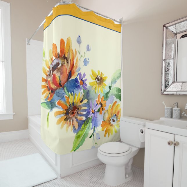 Rideaux De Douche Délia marguerites à l'aquarelle (En situation)
