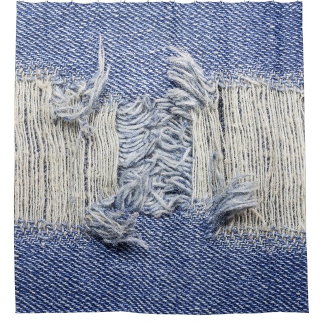 Rideaux De Douche Dénim bleu déchiré : texture de jeans. (Devant)