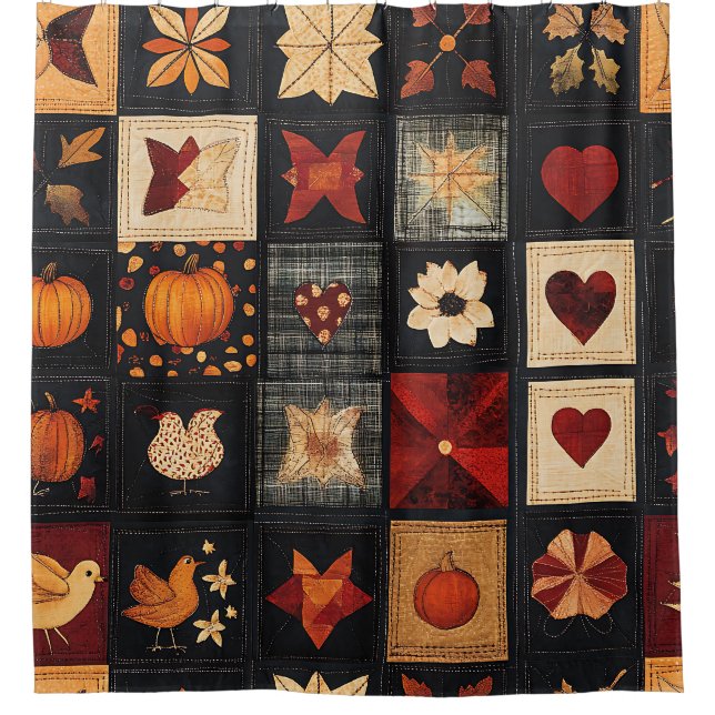 Rideaux De Douche Denim Folk Art Quilt Motif | Patch d'automne rusti (Devant)