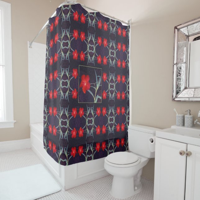 Rideaux De Douche Design avec Fleurs rouges et Feuilles (En situation)