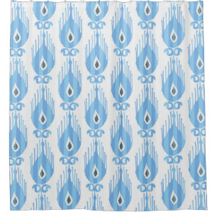 Rideaux De Douche Design Motif Ikat Blanc Bleu