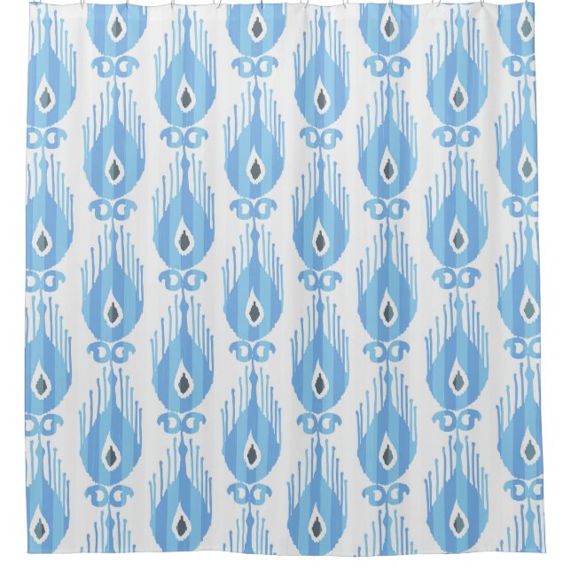 Rideaux De Douche Design Motif Ikat Blanc Bleu (Devant)