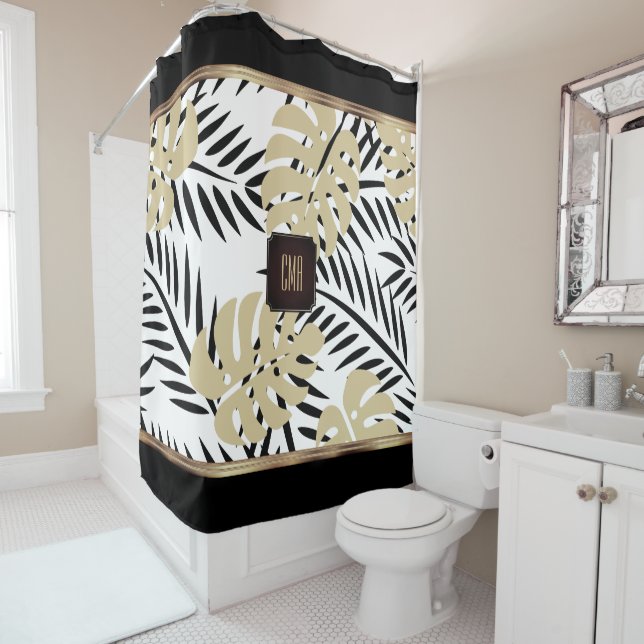 Rideaux De Douche Design Tropical Gold et Black Palm Leaf (En situation)