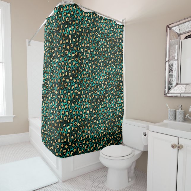 Rideaux De Douche Design turquoise et Gold Leopard Series 3 (En situation)