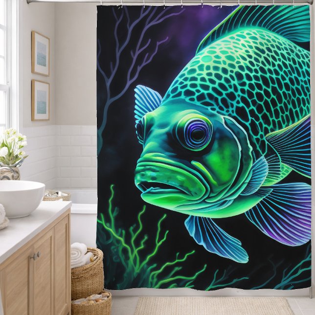 Rideaux De Douche Dessin à la craie de poisson sur fond vert noir (Créateur téléchargé)