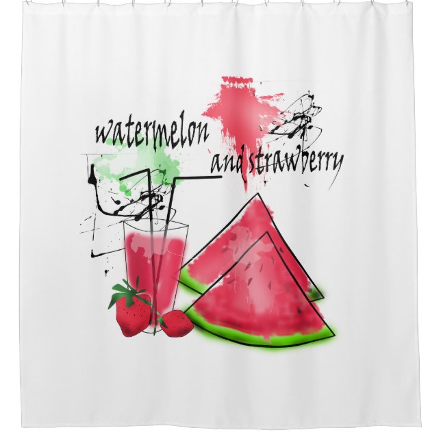 Rideaux De Douche Dessin d'aquarelle de pastèque et fraises (Devant)