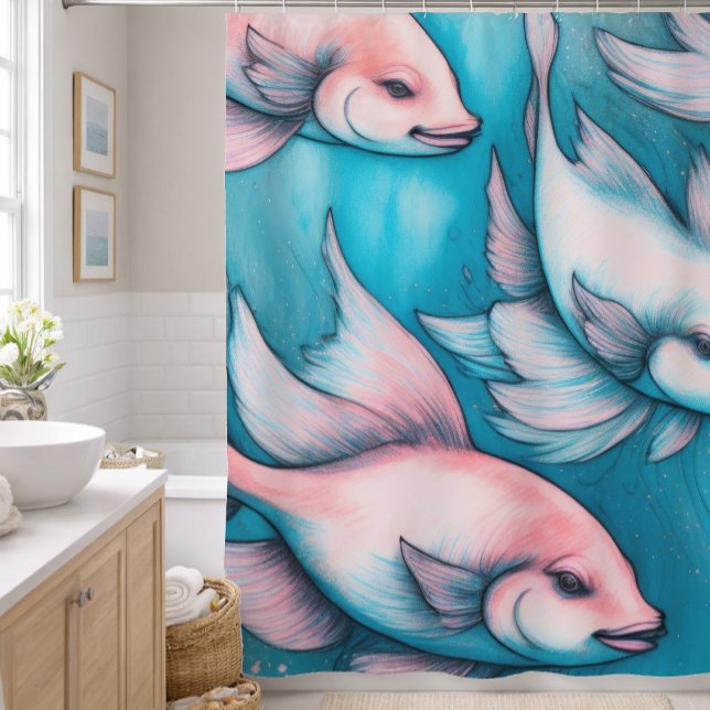 Rideaux De Douche Dessin de poisson à la craie rose bleue (Créateur téléchargé)