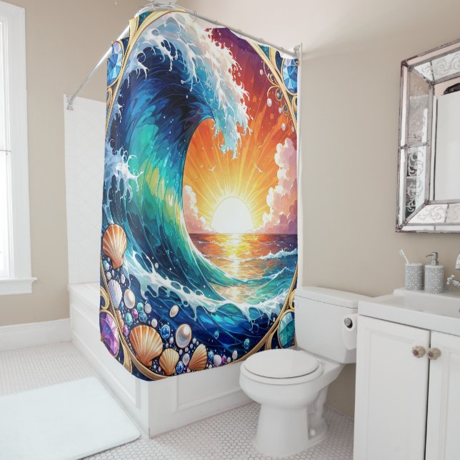 Rideaux De Douche dessin de vagues (En situation)