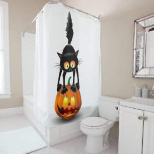 Rideaux De Douche Dessin d'Halloween au chat effrayé sur Citrouille