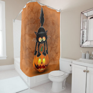Rideaux De Douche Dessin d'Halloween au chat effrayé sur Citrouille
