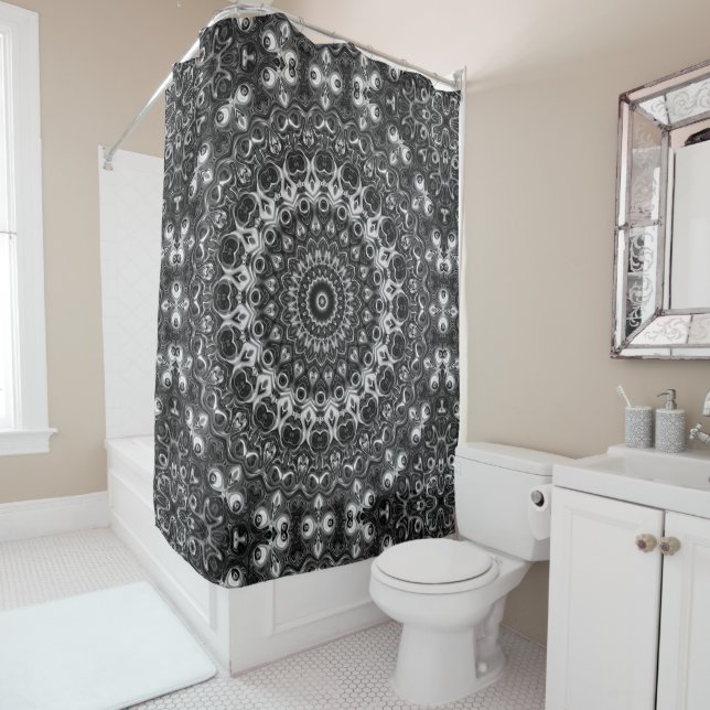 Rideaux De Douche Dessin géométrique mandala noir et blanc (En situation)
