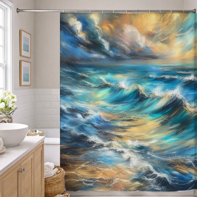 Rideaux De Douche Dessin Pastel Dur Vagues Orageuses (Créateur téléchargé)