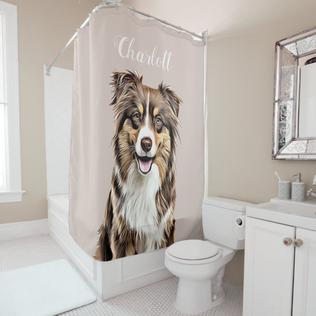 Rideaux De Douche Dessin personnalisé Collie Chien personnalisé (En situation)