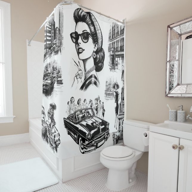 Rideaux De Douche Dessin vintage Fille de mode (En situation)
