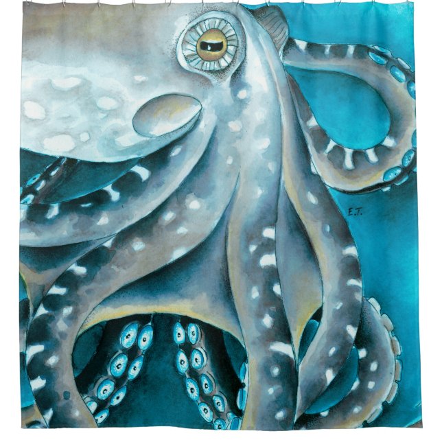 Rideaux De Douche Détails de l'aquarelle bleue octopus (Devant)