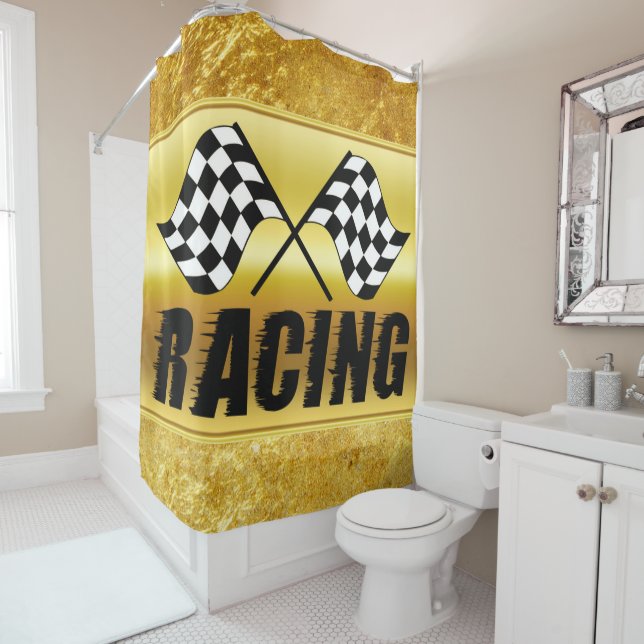 Rideaux De Douche Deux drapeaux de course à damiers pour la victoire (En situation)