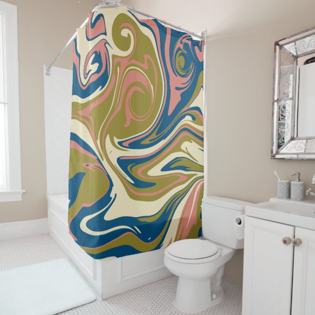 Rideaux De Douche Déversement - Bleu, Vert olive, Rose et Crème (En situation)
