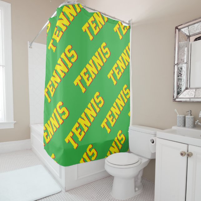 Rideaux De Douche Diagonal Bright Yellow Retro TENNIS Text On Green (En situation)