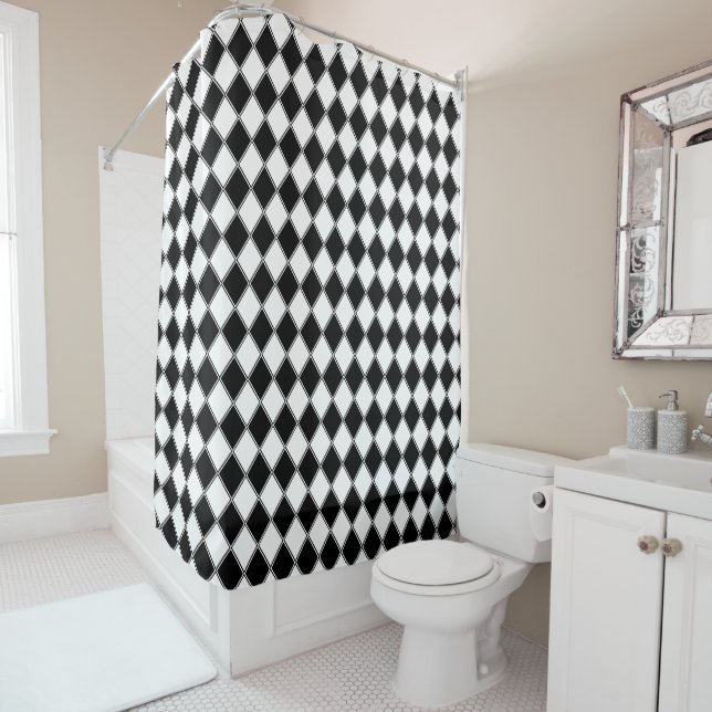 Rideaux De Douche Diamant Noir et Blanc Motif Argyle (En situation)