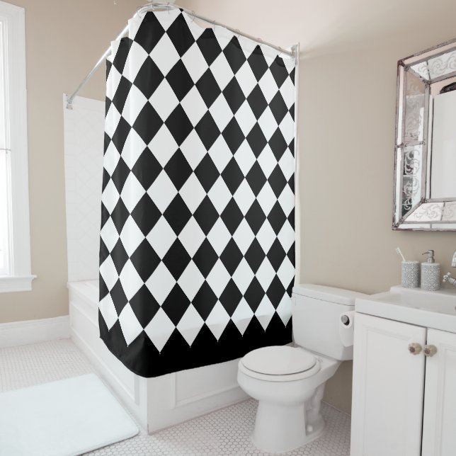 Rideaux De Douche Diamants Harlequin noir et blanc (En situation)
