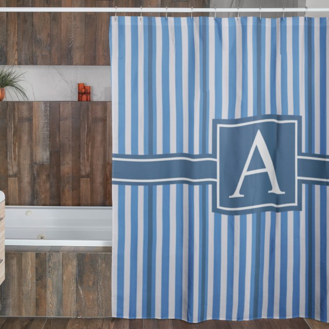Rideaux De Douche Dimensions simples Bleu et Blancs Monogramme (Créateur téléchargé)