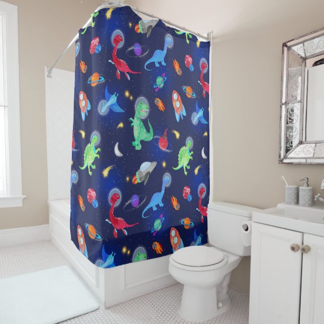 Rideaux De Douche Dinosaures astronautes à l'aquarelle dans l'espace (En situation)